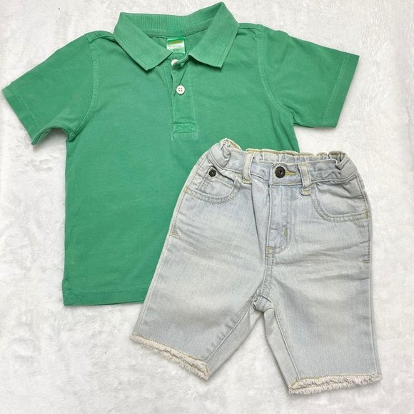 Gymboree green polo 18-24, frayed hem shorts 12-18 - Picture 1 of 5